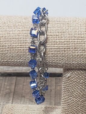 Double Strand Bracelet Silver-tone Links & Blue Cube Beads